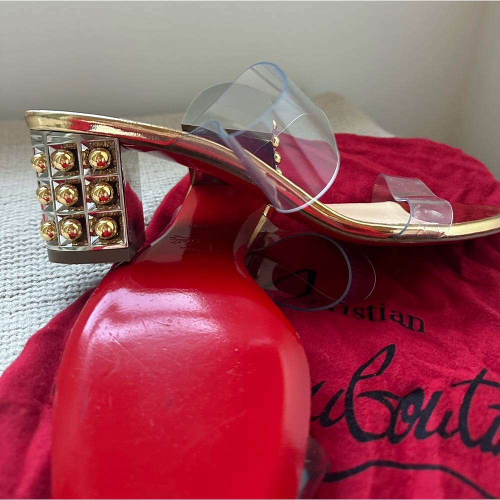 Christian Louboutin Gold Leather & Transparent PVC Almost Nothing 55 Sandal Heel